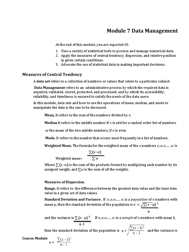 Data Management: Central Tendency & Dispersion | PDF | Mean | Median