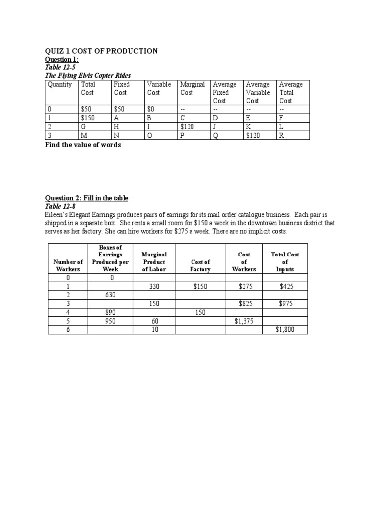 Quiz 1 Cost of Production | Descargar gratis PDF | Economies | Economics