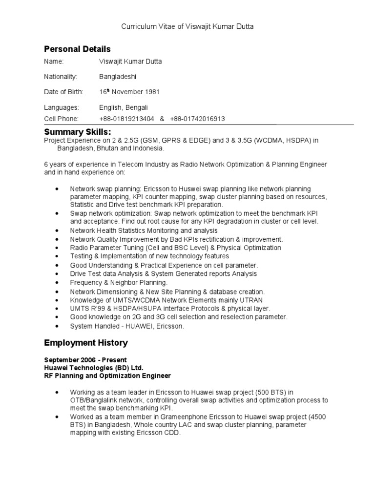 Viswajit Kumar Dutta's Telecom CV | PDF | Mobile Telecommunications ...