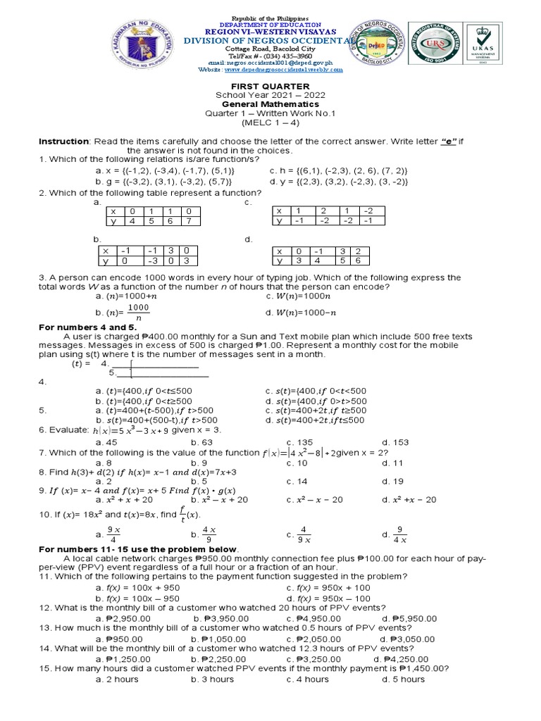 General Mathematics Quarter 1 Exam | PDF | Computing | Communication