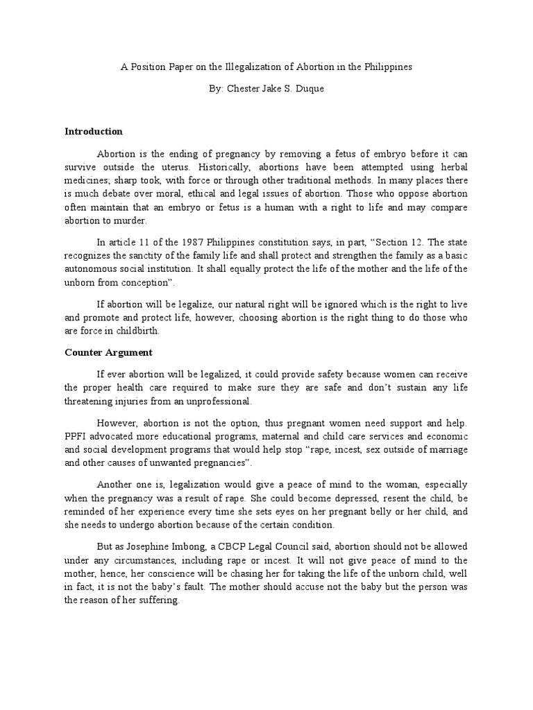 A Position Paper On The Illegalization of Abortion in The Philippines ...