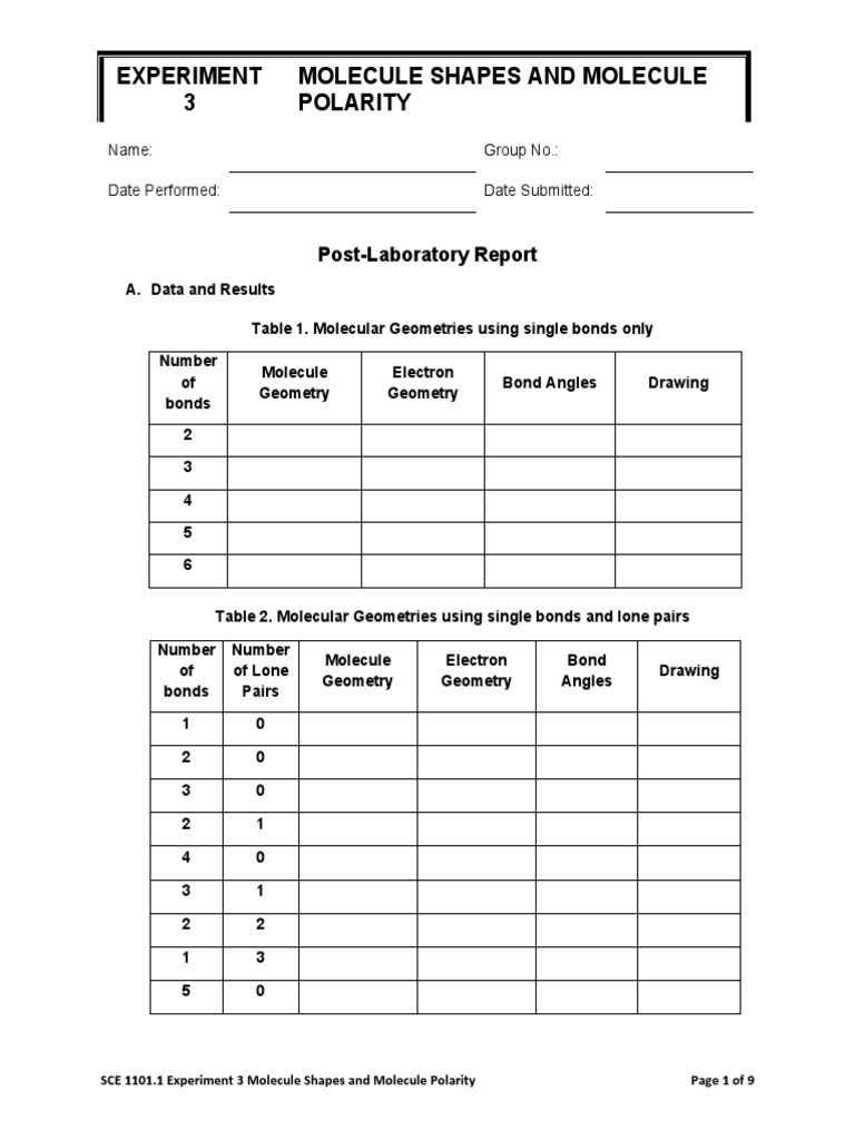 Molecule Shapes and Polarity Lab Guide | PDF | Chemical Polarity ...
