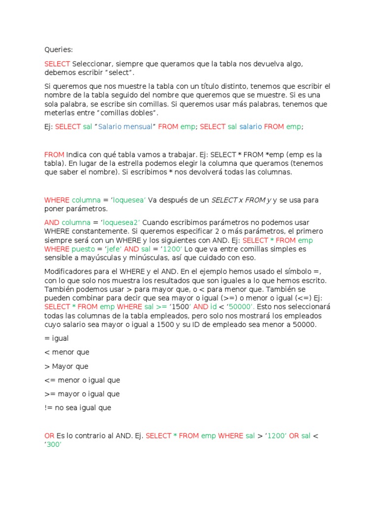Guía Completa de Consultas SQL Básicas | PDF | SQL | Software de ...