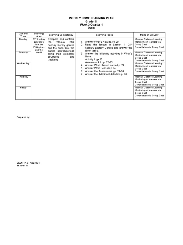 Grade 11 Weekly Home Learning Plan | PDF | Distance Education ...