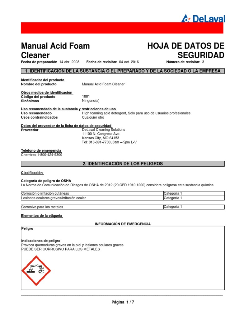 Hoja de Seguridad Cleaner1881SDS MS PDF Agua Residuos