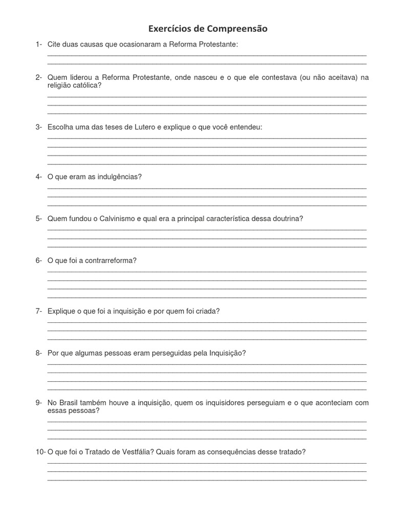 Atividades sobre Reforma Protestante 7º Ano | PDF | Contrarreforma ...
