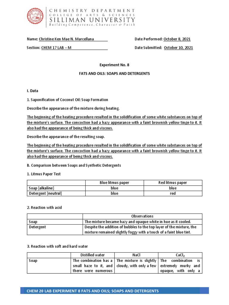Chem 20 Lab Experiment 8 Fats and Oils Soaps and Detergents PDF