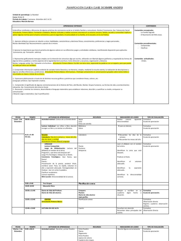 Planificación de Clases para Kínder B | PDF | Educación de la primera ...