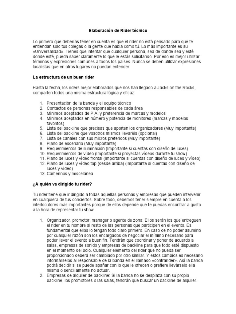 Guía para Elaborar un Rider Técnico | PDF | Tecnología musical | Sonido