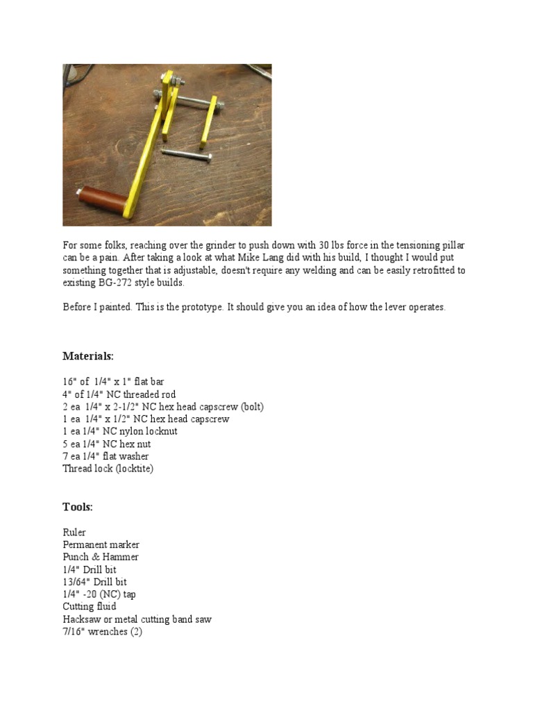 Belt Grinder Tension Lever PDF Screw Nut (Hardware)