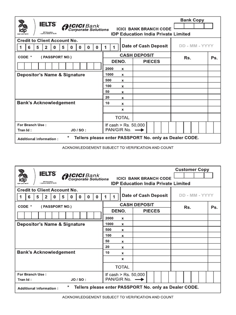 ICICI Deposit Slip PDF