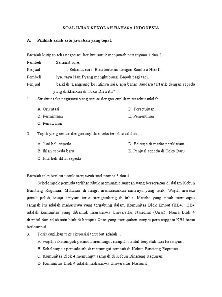 Soal Bahasa Indonesia Ujian Sekolah Pdf