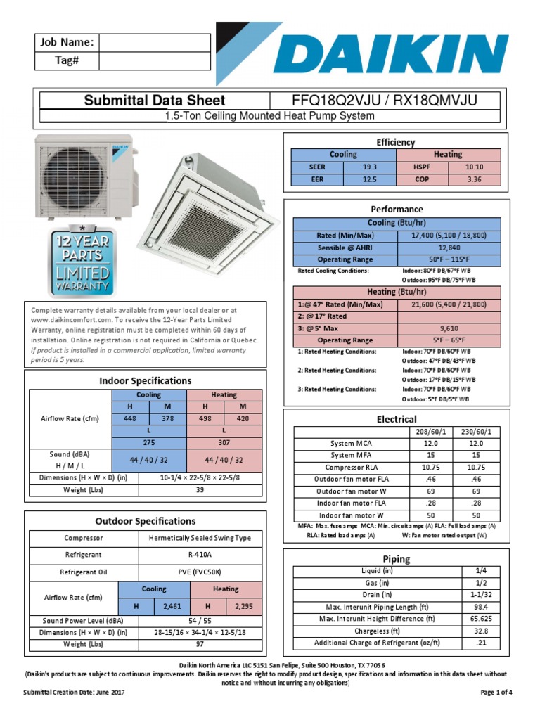 Daikin Rxtq Submittal | 1 0 To n , 4 6 0 V V RV I V X H P S u b m i t t ...