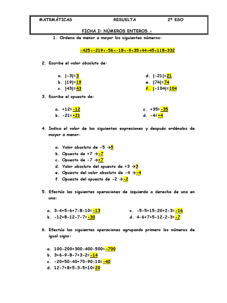 Resolución de operaciones con números enteros | PDF | Matemáticas ...