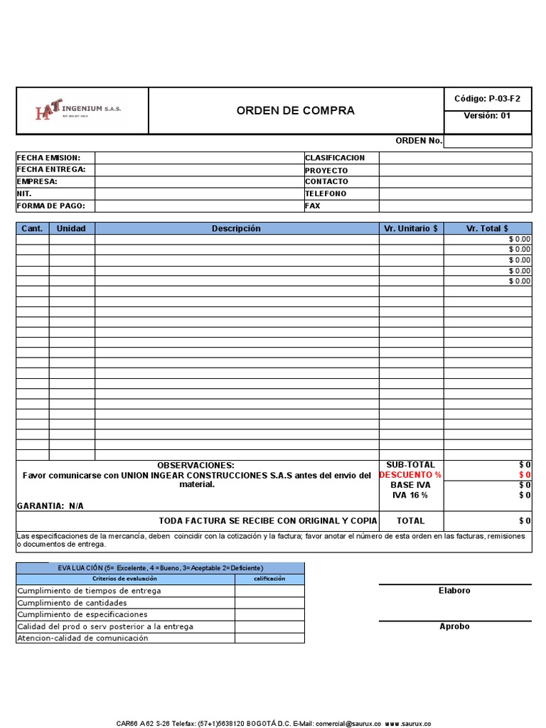 P-03-f2 Orden de Compra | PDF | Fax
