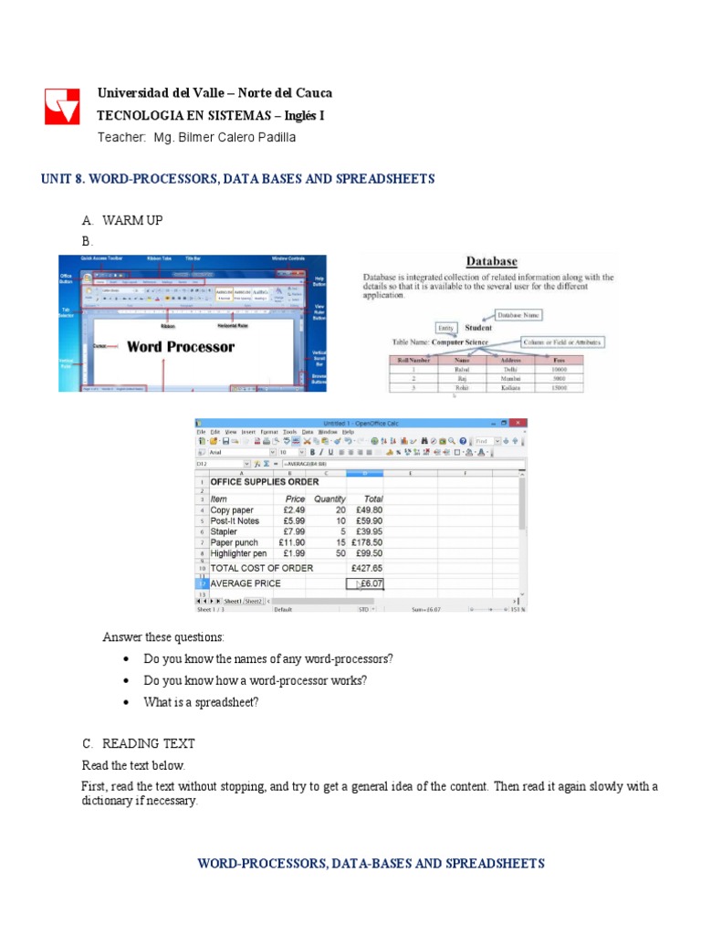 Unit 8 Word Processors Data Bases and Spreadsheeets | PDF | Spreadsheet ...