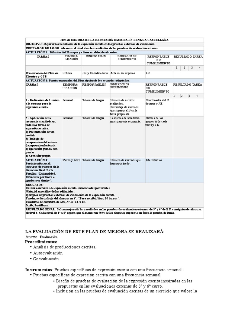 Plan de Mejora Lengua Lucia | PDF | Información | Puntuación
