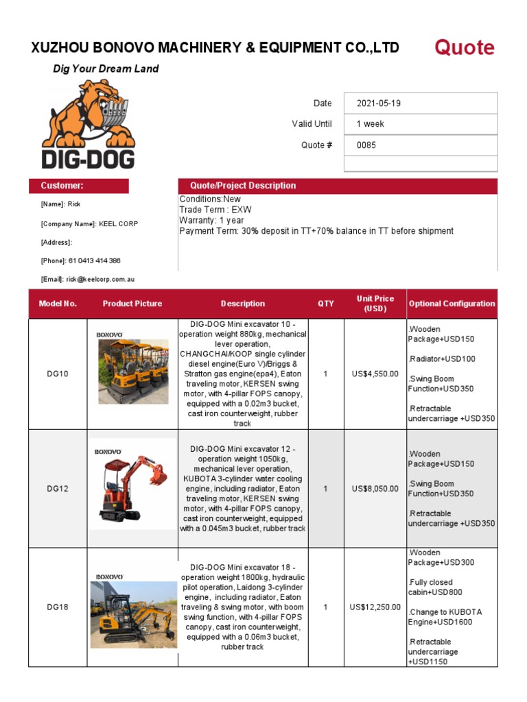 Mini Excavator Price List From Bonovo PDF Vehicle Technology Machines