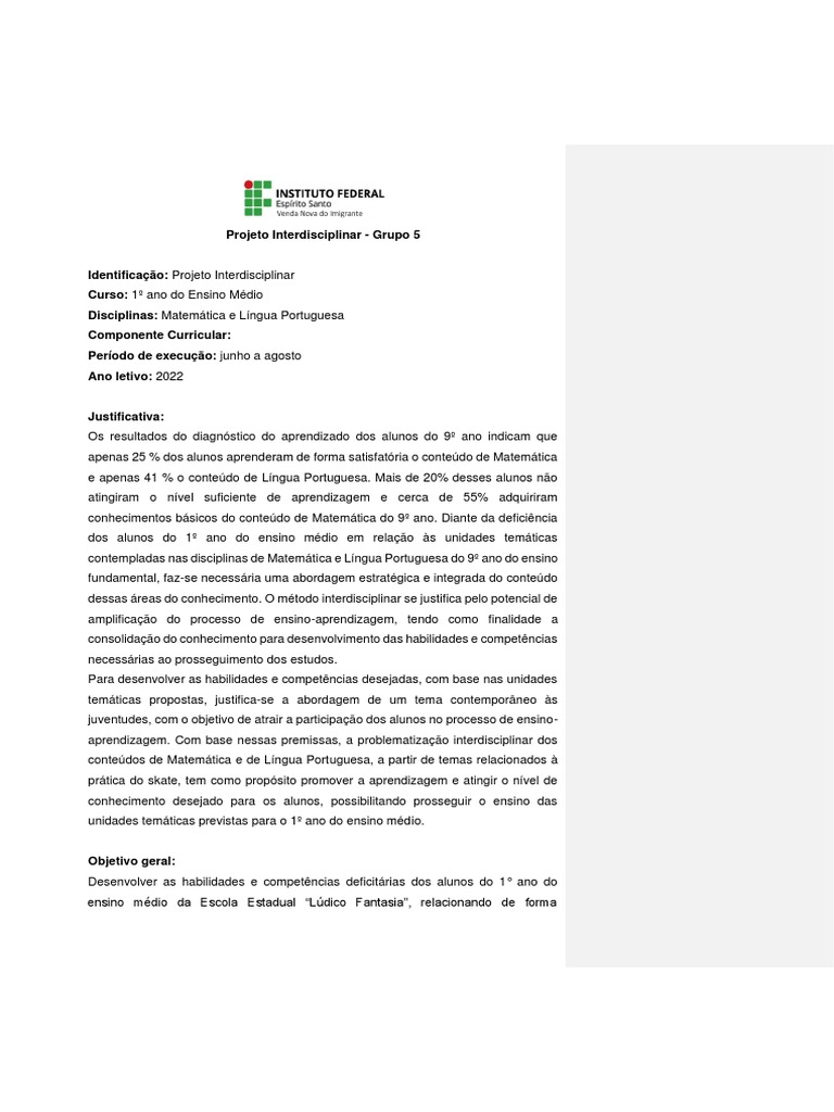 Projeto Interdisciplinar Grupo 5 | PDF | Interdisciplinaridade ...