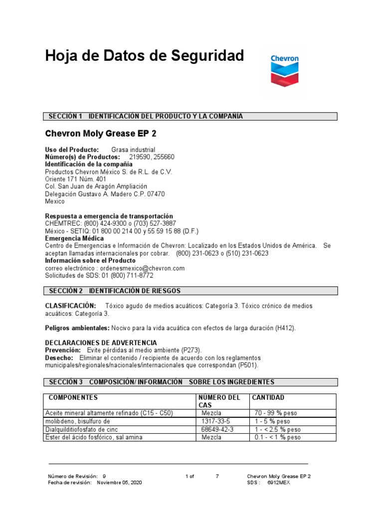 Msds Chevron Moly Grease Ep 2 PDF Combustión Contaminación
