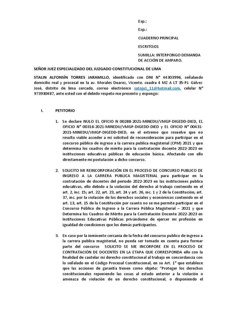 Demanda de Accion de Amparo FINAL | PDF | Ley procesal | Demanda judicial