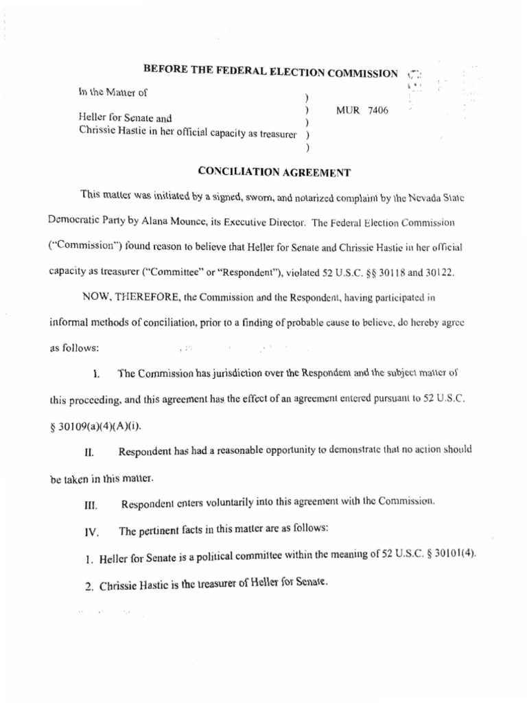 Heller for Senate Conciliation Agreement | PDF | Federal Election ...
