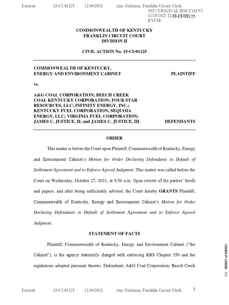 Settlement Agreement and To Enforce Agreed Judgment. This Matter Was