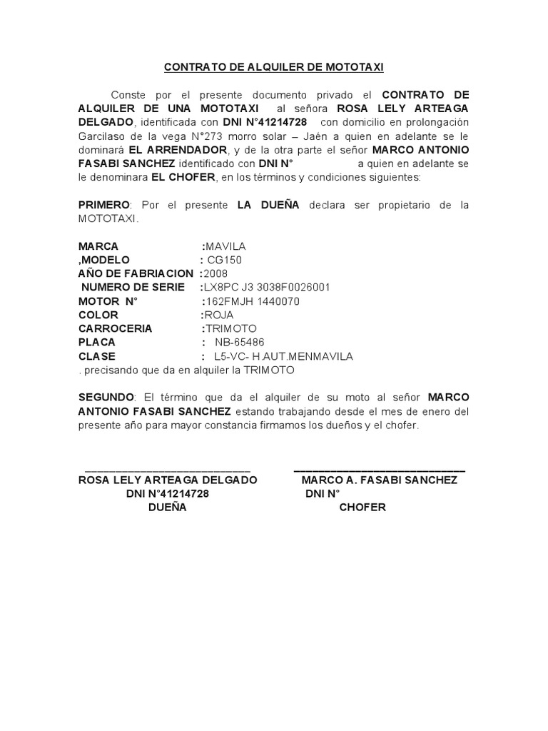 Contrato de Alquiler de Mototaxi | PDF