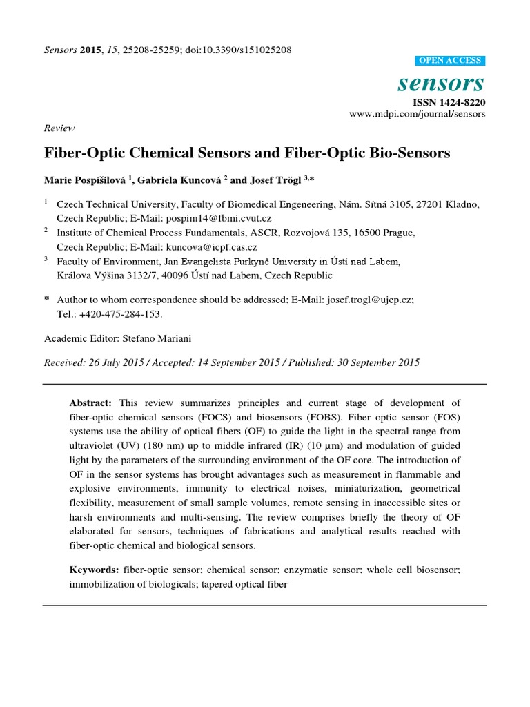 Sensors FiberOptic Chemical Sensors and FiberOptic BioSensors PDF Optical Fiber