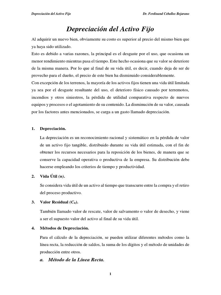 Métodos de Depreciación de Activos Fijos | PDF | Depreciación | Activo fijo