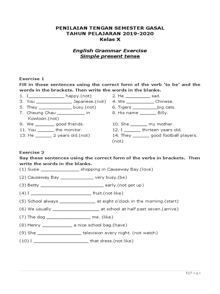 Latihan Soal Simple Present Tense 1 Smk Pdf Grammar Linguistics