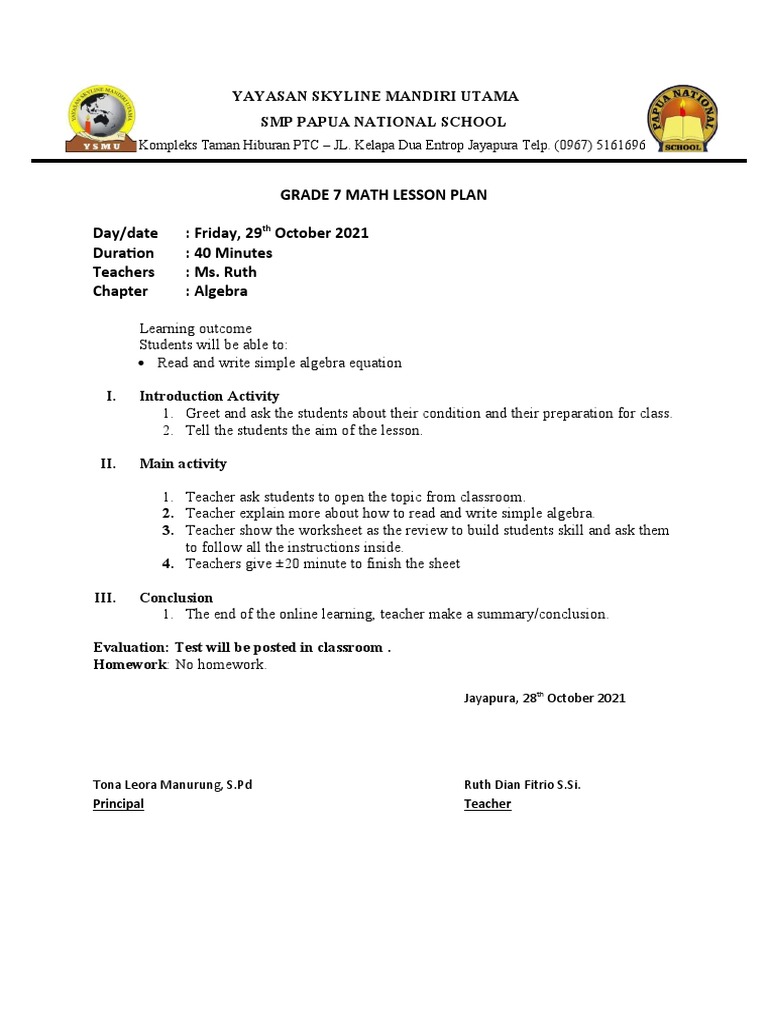 Grade 7 Algebra Lesson Plan | PDF