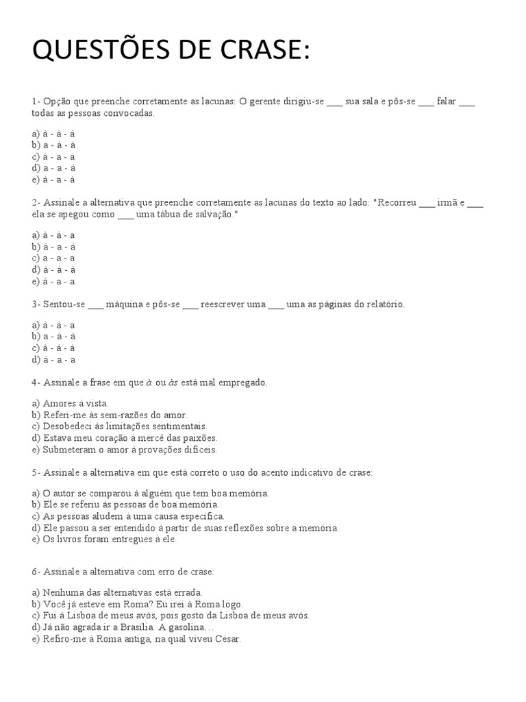 15 Questões De Crase. | Questões de Português – ECCKF