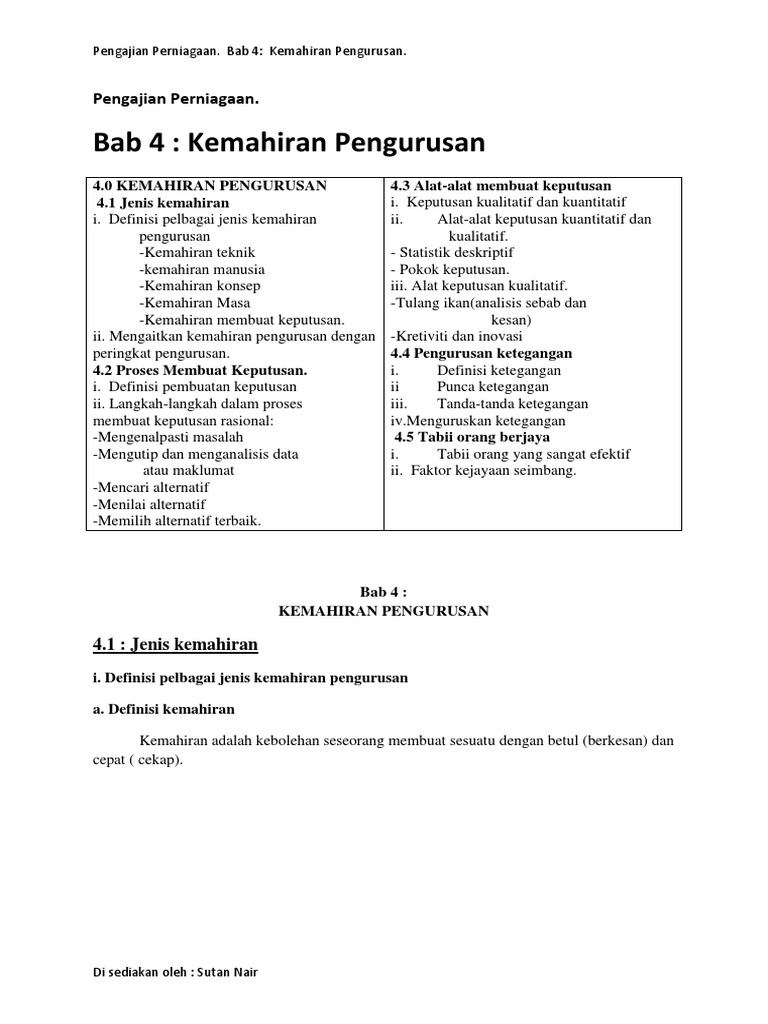 Pengajian Perniagaan Bab 4 Kemahiran Pengurusan Pdf