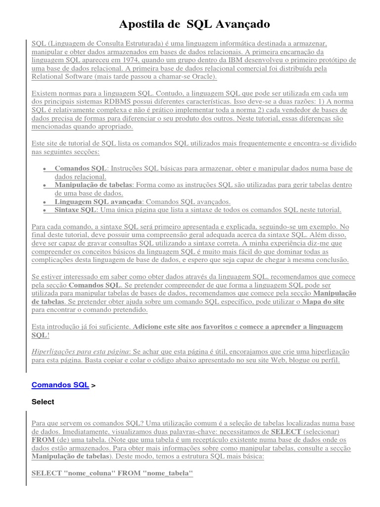 Apostila de Comandos SQL Avançados | PDF | SQL | Bancos de dados