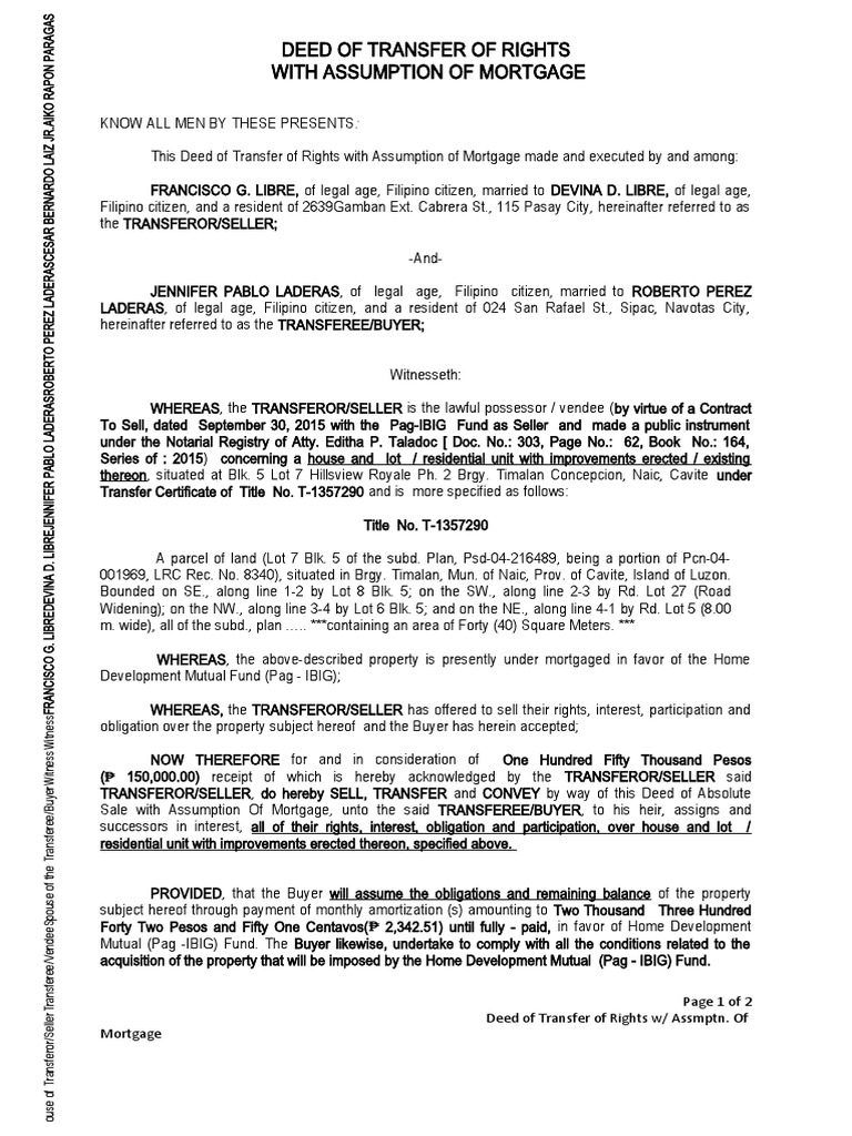 Transfer of Rights with Mortgage Assumption | PDF | Land Law | Real ...