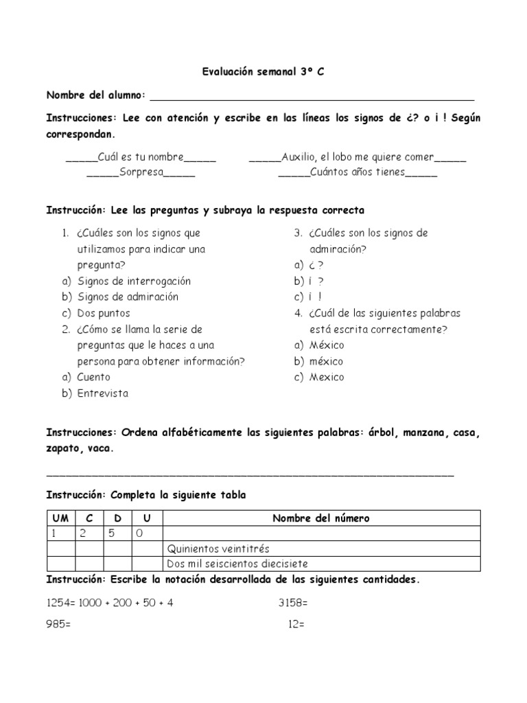 Evaluación Semanal 3° C: Actividades y Preguntas | PDF | Hogar ...