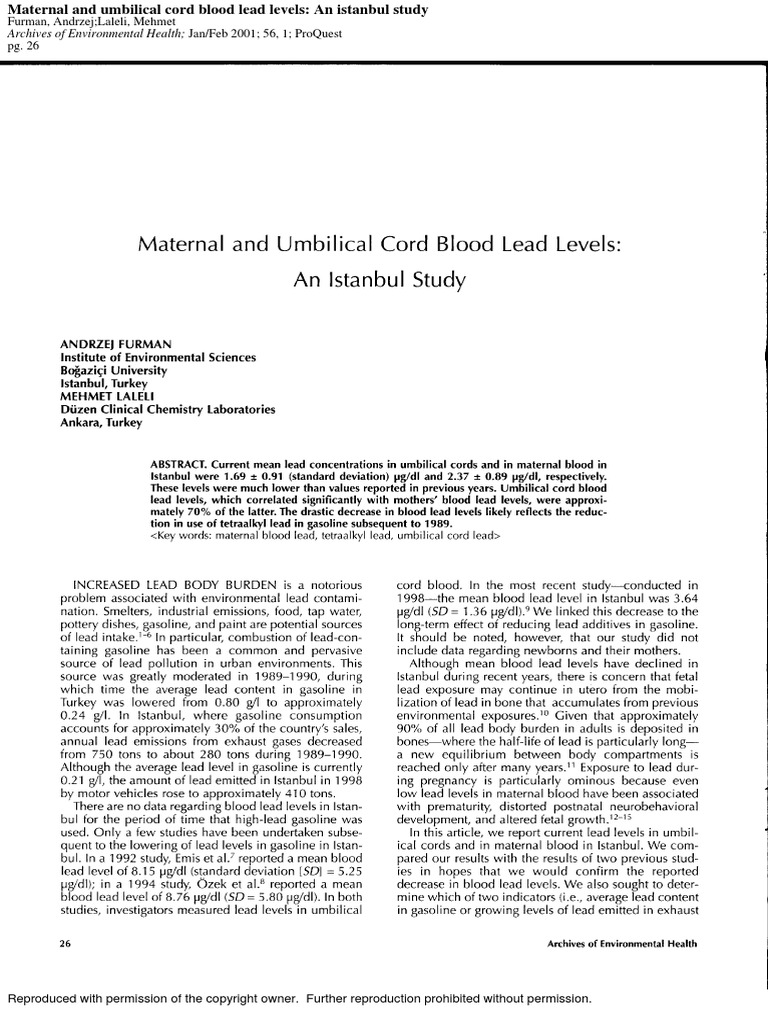 Maternal and Umbilical Cord Blood Lead Levels An Istanbul Study | PDF