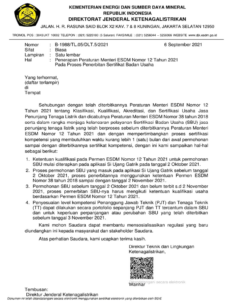 Surat Edaran Penerapan Permen ESDM 12 Tahun 2021 Pada Penerbitan SBU | PDF