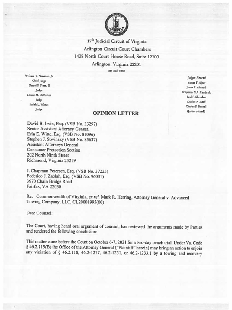 Opinion Letter From Arlington Circuit Court Judge PDF