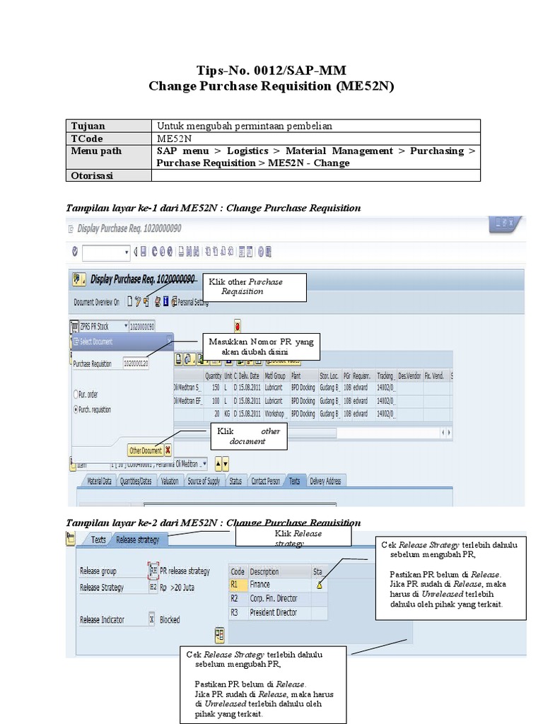 Panduan Mengubah PR di SAP ME52N | PDF