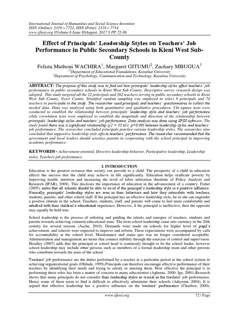 Principals' Leadership Impact on Teachers | PDF | Leadership | Teachers
