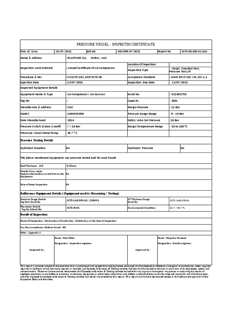 Air Compressor Inspection Certificate | PDF | Mechanical Engineering ...
