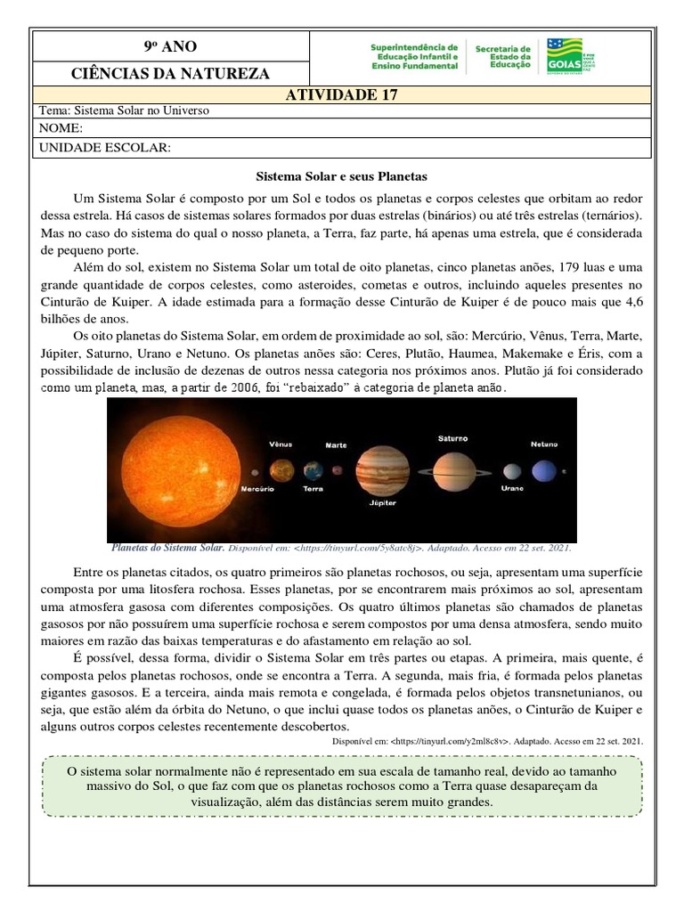 Atividades sobre o Sistema Solar 9º Ano | PDF | Sistema Solar | Planetas