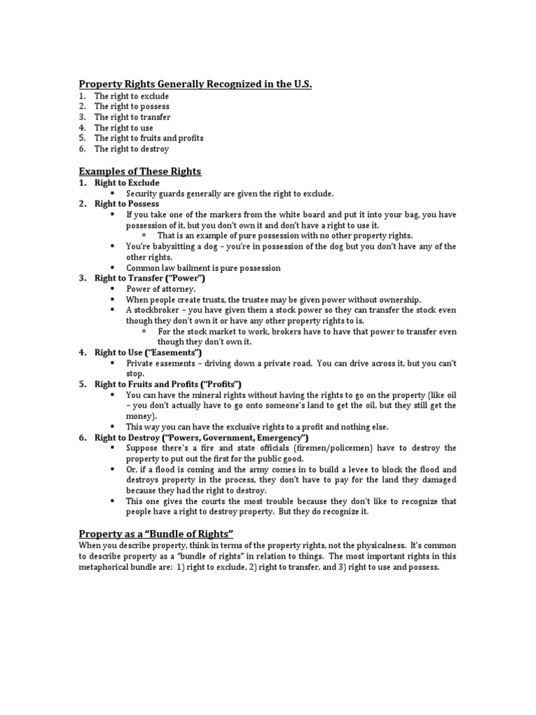 Property Rights Generally Recognized in The U.S. 1. Right To Exclude 2