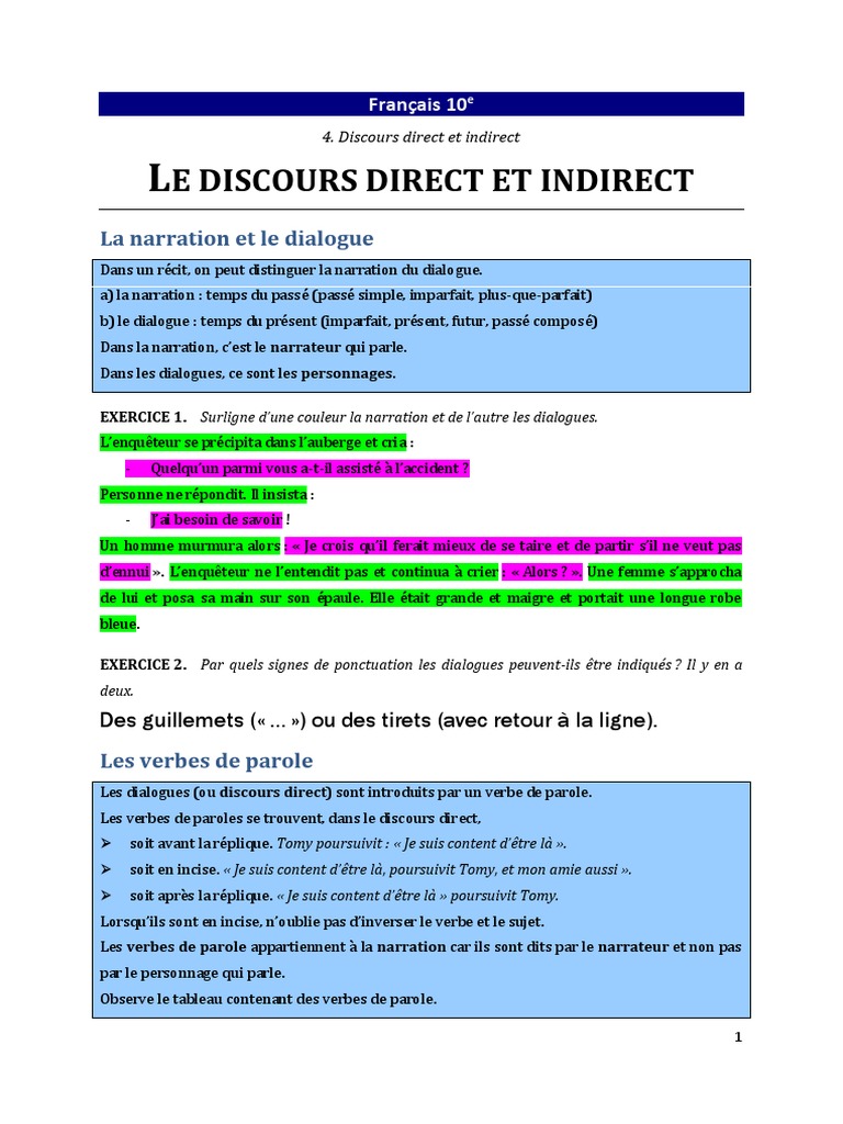 01 Discours Direct Indirect Sequence 10e Ls Corrige | PDF | Discours ...