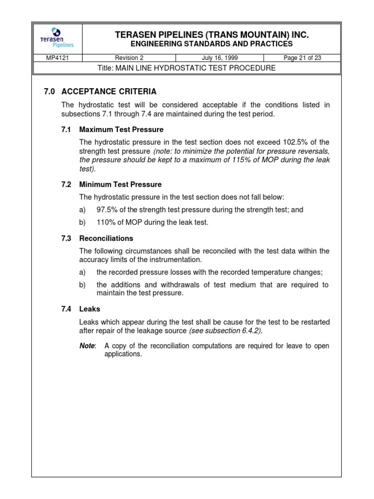 Main Line Hydrostatic Test Procedure Pipeline Trans 22 | PDF