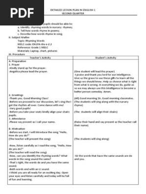 DETAILED LESSON PLAN IN ENGLISH 1:  RHYMING WORDS