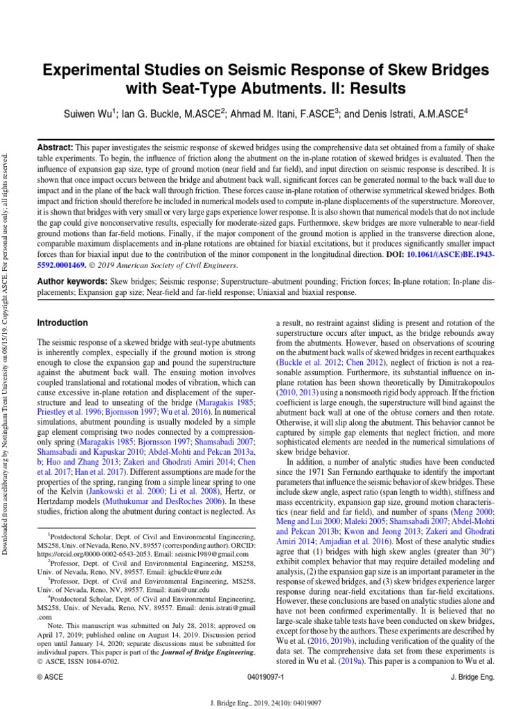 Experimental Studies On Seismic Response of Skew Bridges With Seat-Type ...