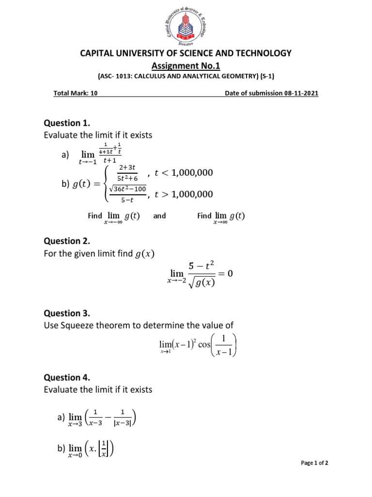 Assignment No 1 (Asc - 1013 Calculus and Analytical Geometry) (S-1) | PDF
